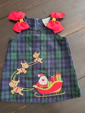 Rare Editions Navy, Green and Red Plaid Dress with Red Bow
